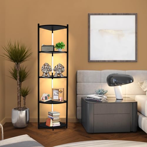 5 Tier Corner Shelf with LED Light, 57.7" Tall Corner Stand Shelves Modern Home Decor Display Floor Lamps, Corner Furniture Open Bookshelf for Bedroom, Office, Living Rooms, Black