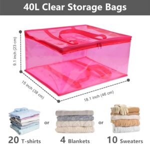 WADILE Pink Clear Clothes Storage Bag with Zipper, 3 Pack 40L Vinyl Storage Bag for Comforter, Blanket, Bedding, Duvet, Transparent Moving Totes