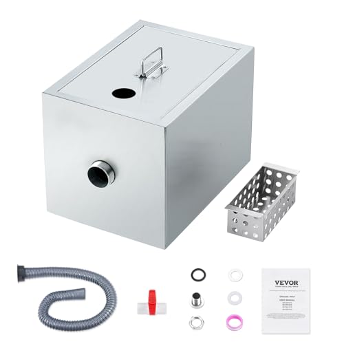 VEVOR Commercial 8 LBS, Top Inlet Interceptor, Under Sink Stainless Steel Grease Trap, 2.8 GPM Waste Oil-Water Separator, for Restaurant Canteen Home Kitchen, 8LB, Silver