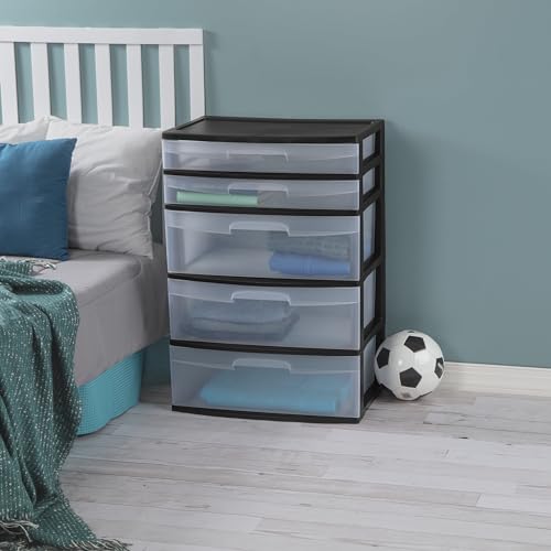 CLMSTE Plastic 5 Drawer Wide Tower, Black