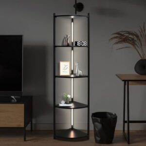 5 tier corner shelf with led light, 57.7" tall corner stand shelves modern home decor display floor lamps, corner furniture open bookshelf for bedroom, office, living rooms, black