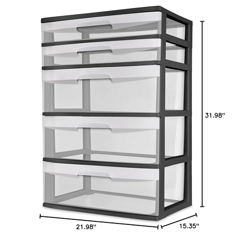 CLMSTE Plastic 5 Drawer Wide Tower, Black