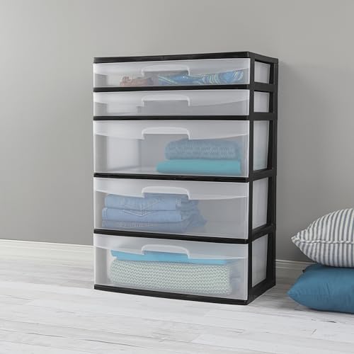 CLMSTE Plastic 5 Drawer Wide Tower, Black