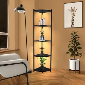 5 Tier Corner Shelf with LED Light, 57.7" Tall Corner Stand Shelves Modern Home Decor Display Floor Lamps, Corner Furniture Open Bookshelf for Bedroom, Office, Living Rooms, Black