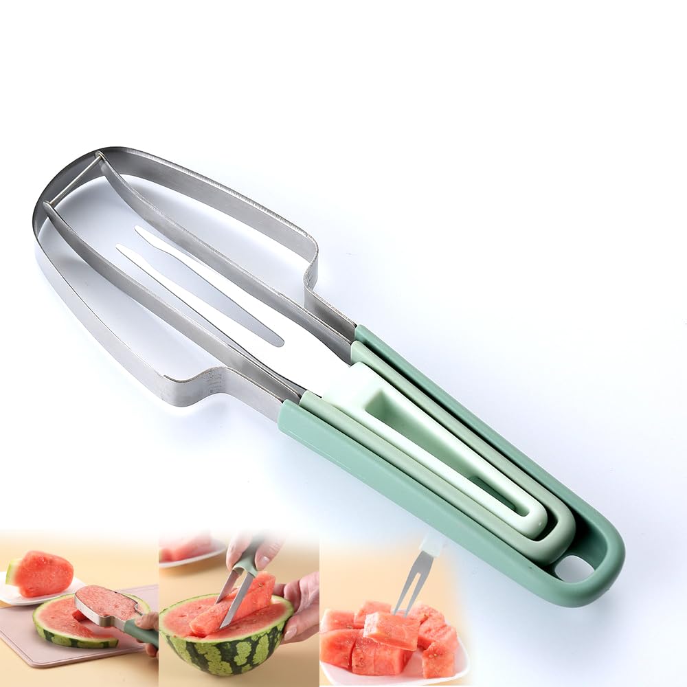 Generic 3-in-1 Watermelon Fork Slicer Cutter,2024 New Stainless Steel Fruit Cutter,Watermelon Cutter Knife Portability Fruit Fork for Camping Kitchen Gadgets, currency, Silver