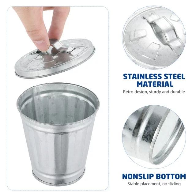 Silver Mini Galvanized Trash Can with Lid Mini Wastebasket Trash Can Small Metal Buckets with Lids Mini Tabletop Trash Can Mini Metal Rubbish Bin Flower Pot Pen Holde Trash, Wastebaskets (9.5X9X9CM)