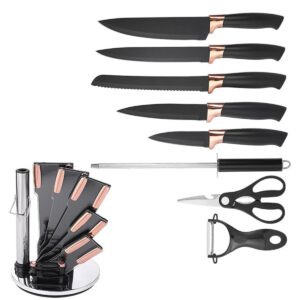 Knife Set, 9Pieces Stainless Steel Non Stick Kitchen Knife Block Set, Sharp Cutlery Knives Set with Sharpener Knives Set with Rotatable Storage Stand Scissors (Black)