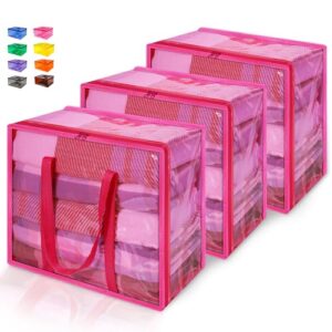 wadile pink clear clothes storage bag with zipper, 3 pack 40l vinyl storage bag for comforter, blanket, bedding, duvet, transparent moving totes