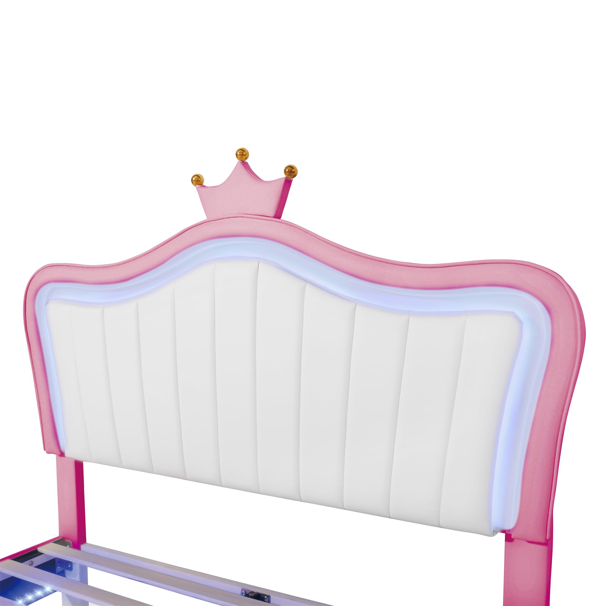 HZSMHDZKJ Full Size Upholstered Platform Bed with LED Lights and Crown Headboard,Modern Princess Bed Frame with Wood Slats Support and Metal Feets for Kids Teens Boys Girls (White+Pink-01)