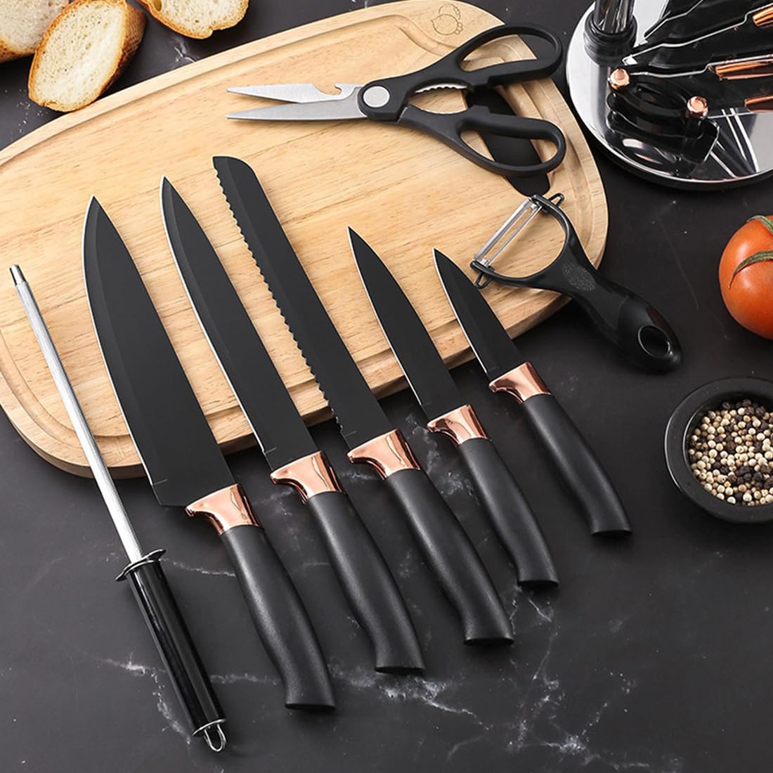 Knife Set, 9Pieces Stainless Steel Non Stick Kitchen Knife Block Set, Sharp Cutlery Knives Set with Sharpener Knives Set with Rotatable Storage Stand Scissors (Black)