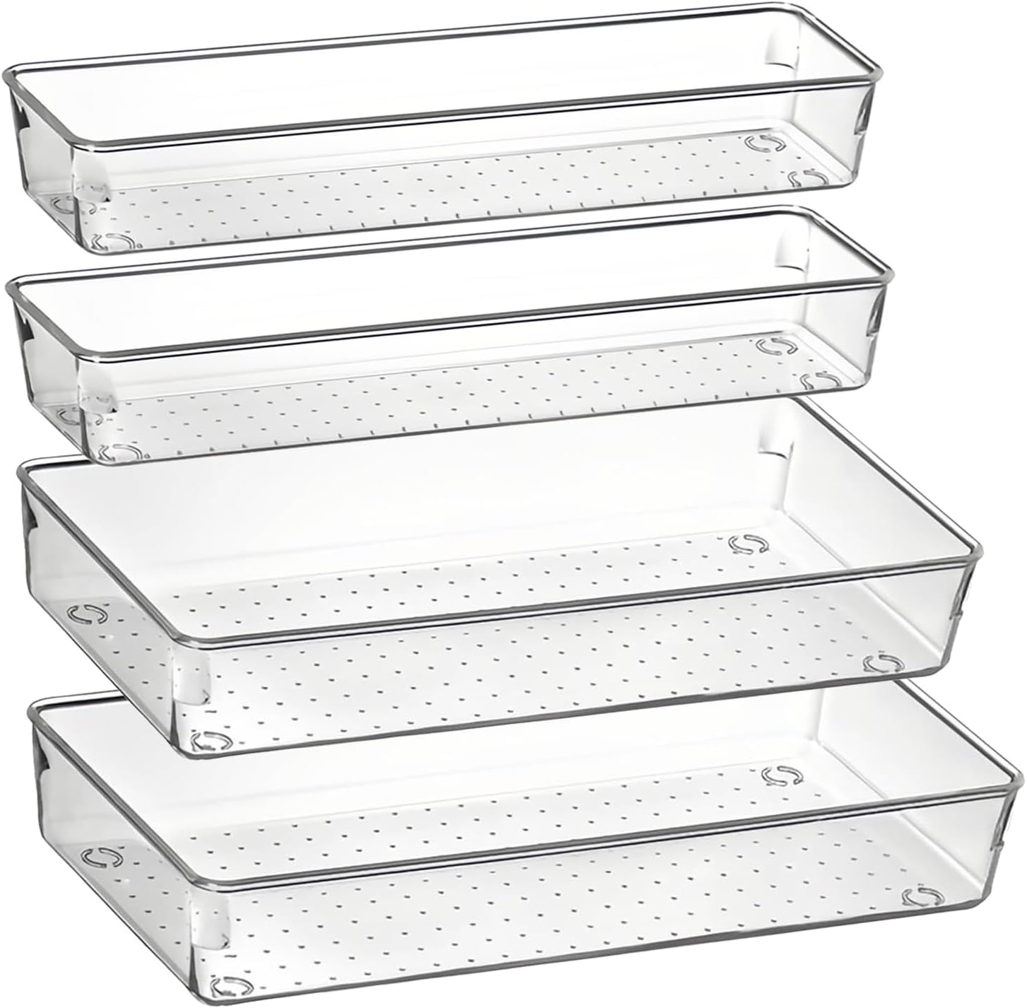 DCA Clear Plastic Drawer Organizers, Large Size Versatile Bathroom and Vanity Drawer Organizer Trays (4)