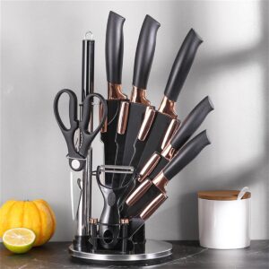 Knife Set, 9Pieces Stainless Steel Non Stick Kitchen Knife Block Set, Sharp Cutlery Knives Set with Sharpener Knives Set with Rotatable Storage Stand Scissors (Black)