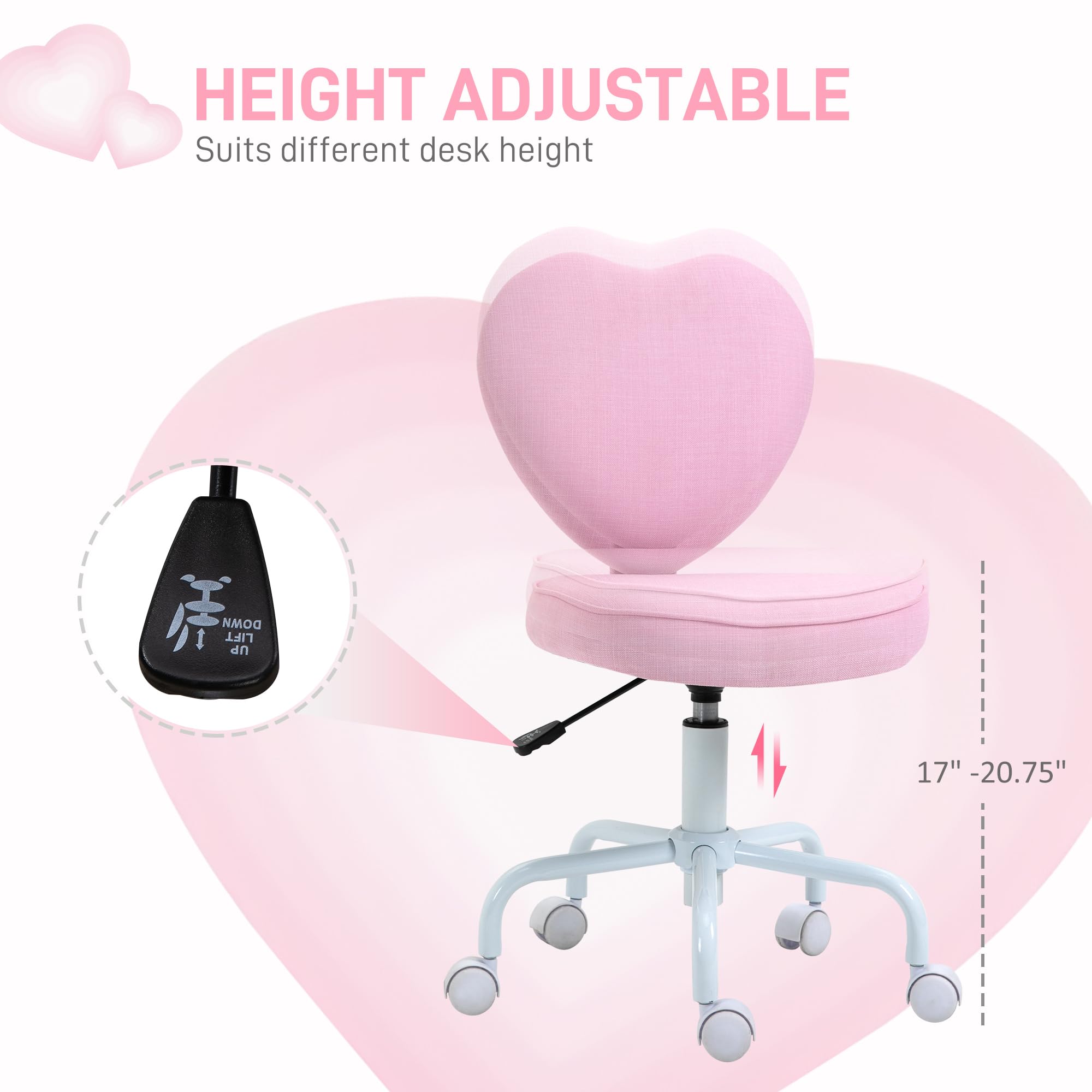 HOMCOM Heart Love Back Armless Office Chair, Comfortable Desk Chair with Adjustable Height, Cute Fabric Vanity Chair with 360 ° Swivel Wheels, Pink