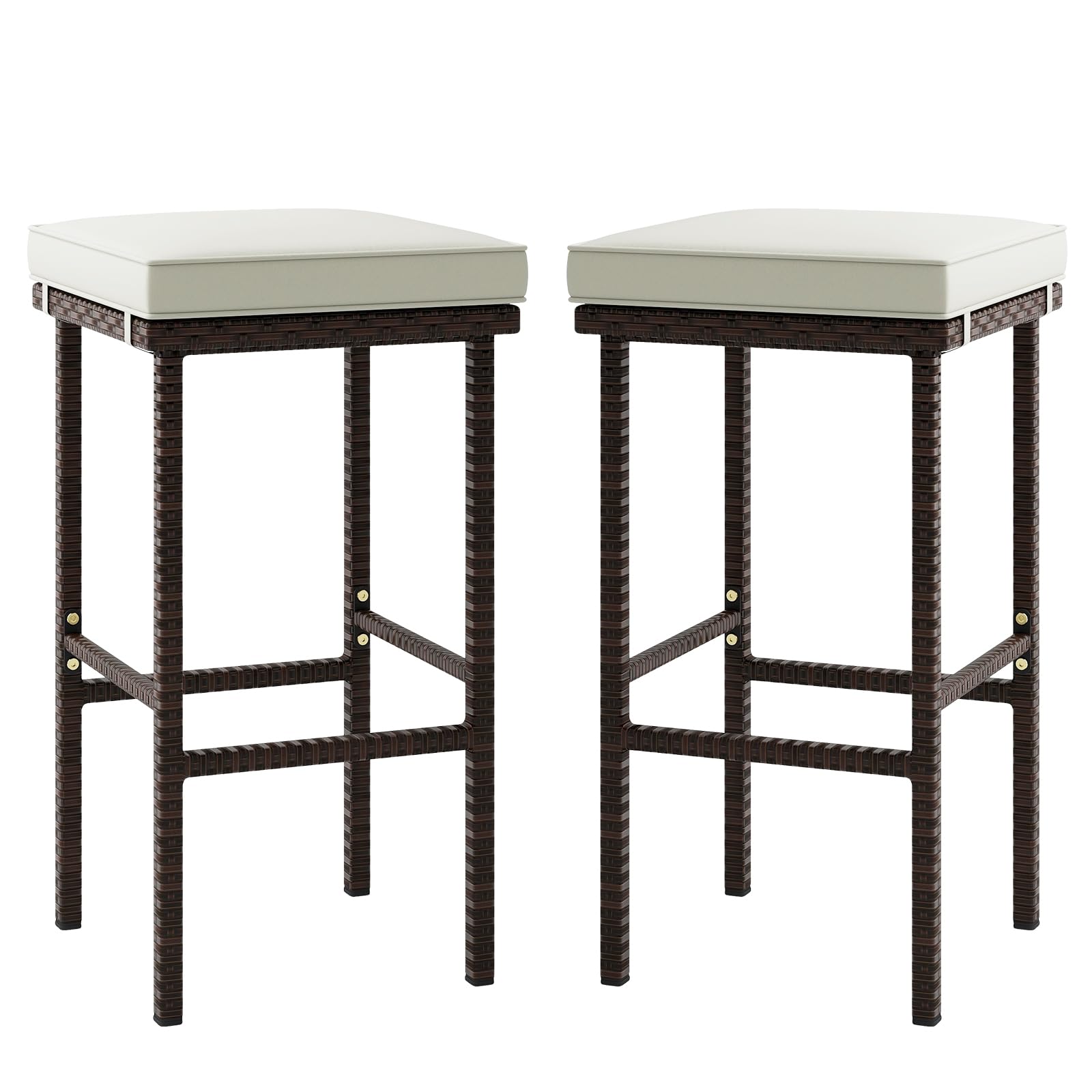 HAPPYGRILL Wicker Bar Stools Set of 2, Bar Height Bistro Stools with Removable Seat Cushions, Backless Patio Pub Stools with Footrest Support 400 LBS, for Balcony, Poolside