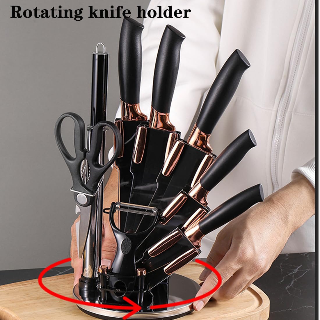 Knife Set, 9Pieces Stainless Steel Non Stick Kitchen Knife Block Set, Sharp Cutlery Knives Set with Sharpener Knives Set with Rotatable Storage Stand Scissors (Black)