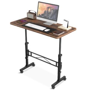 small standing desk adjustable height, mobile stand up desk with wheels, 32 inch portable rolling desk small computer desk, portable laptop desk standing table rustic