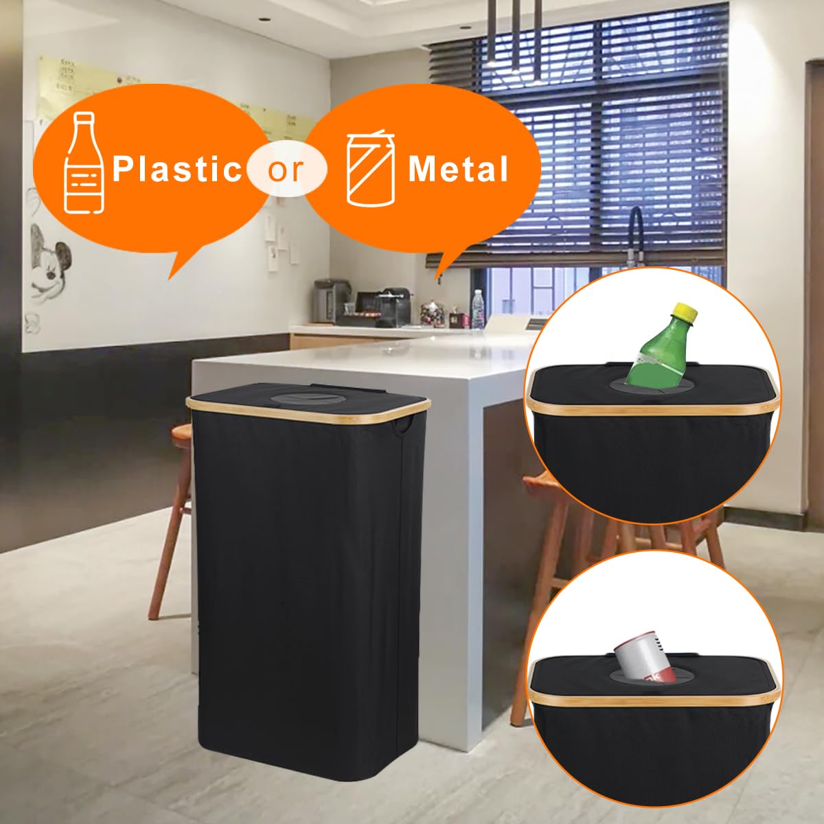 Famolay Recycling Bin for Kitchen, Recycle Bottle Bin with Lid Indoor Home, Large 100L Recycling Bin with 2 Removable Reusable Inner Bag Collecting Glass Paper Plastic Metal Empty Bottles