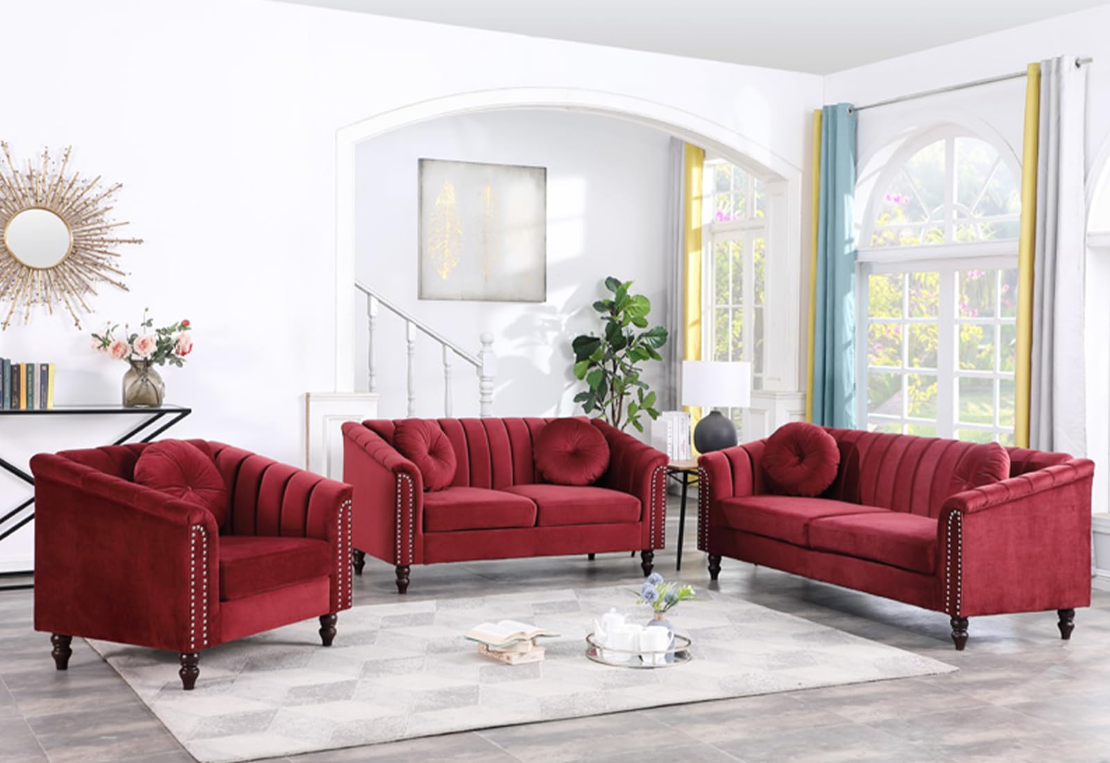 YIPDFERNOR Red Lint 3-Piece Living Room Sofa Set, Contemporary Sofa Couch Set, for Living Room Furniture Sets、Offices、Apartments（Chair）