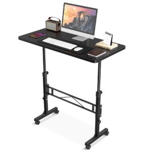 small standing desk adjustable height, mobile stand up desk with wheels, 32 inch portable rolling desk small computer desk, portable laptop desk standing table black