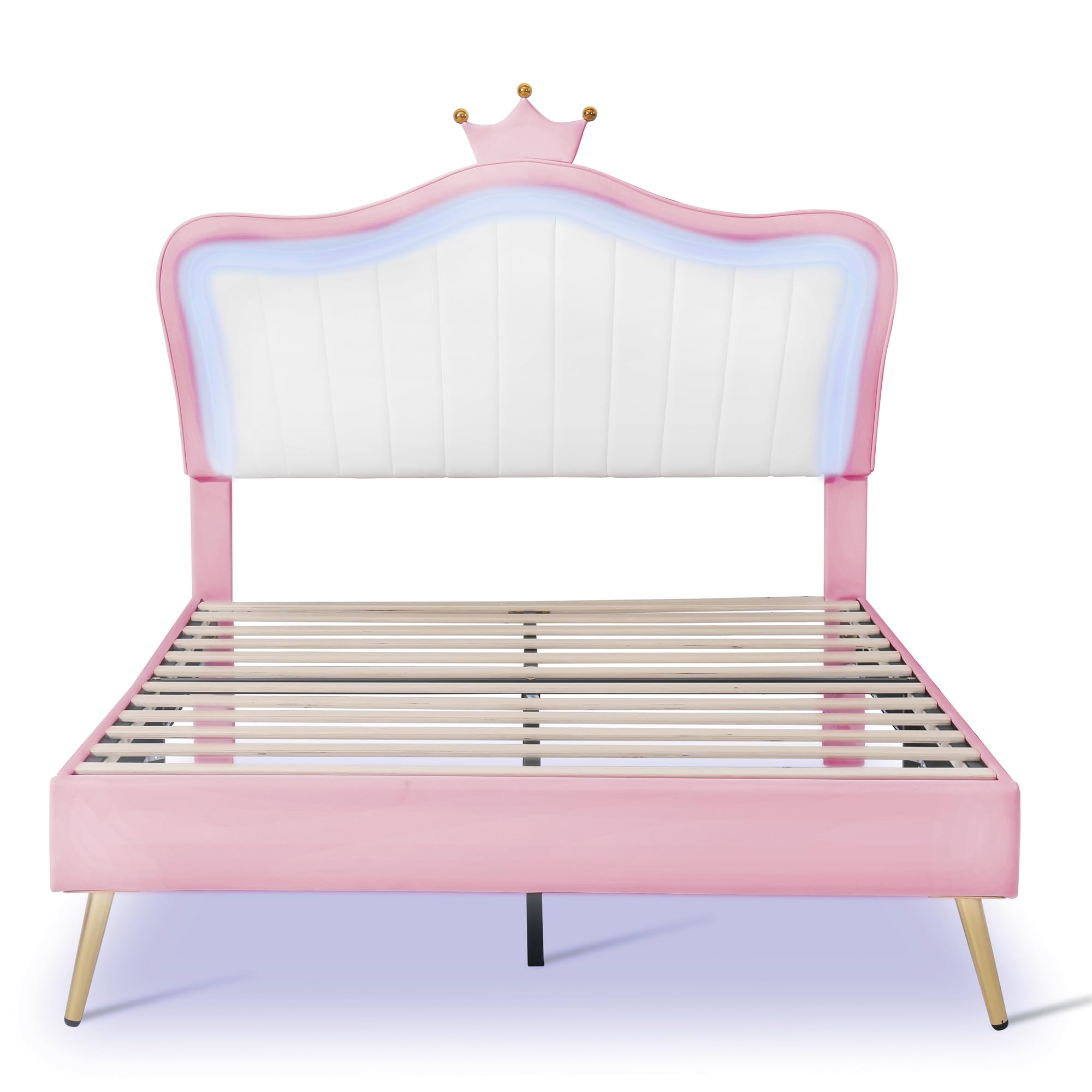 HZSMHDZKJ Full Size Upholstered Platform Bed with LED Lights and Crown Headboard,Modern Princess Bed Frame with Wood Slats Support and Metal Feets for Kids Teens Boys Girls (White+Pink-01)