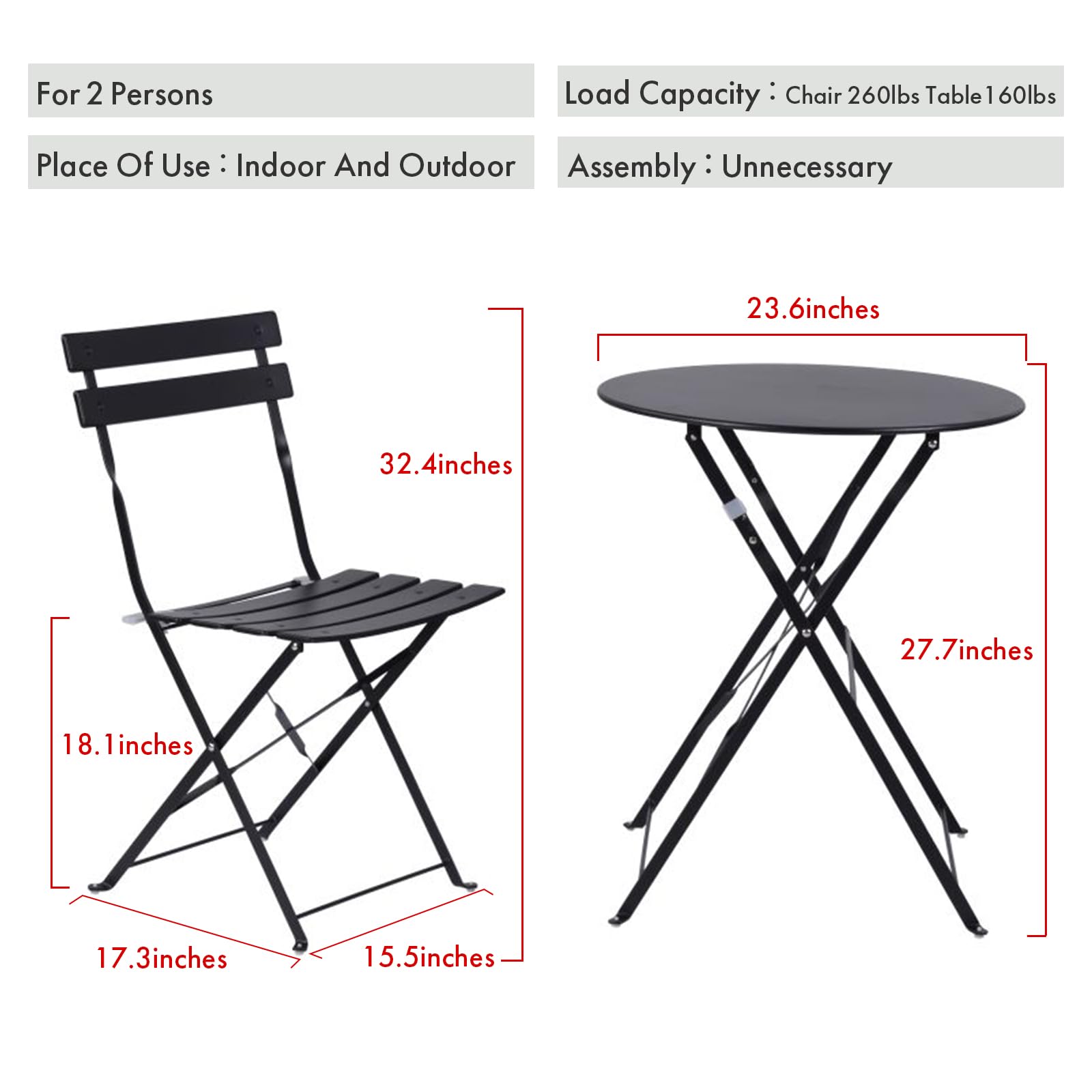 Indoor/Outdoor 3-Piece Foldable Bistro Set, Folding Outdoor Patio Furniture Sets, 2 Chairs and 1 Table, Weather-Resistant Outdoor/Indoor Conversation Set for Patio (Red)