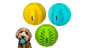 stocking stuffers for dogs - dog chew toys 3-pack - dog teething toy treat balls - dental cleaning balls - nontoxic interactive dog toys - dog puzzle toys (2.8in - medium / large dog)