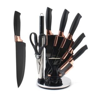 knife set, 9pieces stainless steel non stick kitchen knife block set, sharp cutlery knives set with sharpener knives set with rotatable storage stand scissors (black)