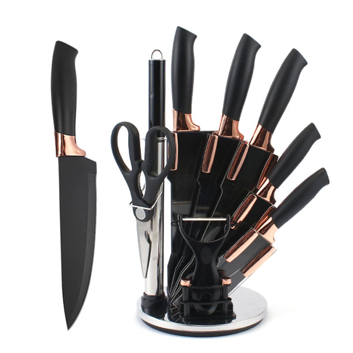 Knife Set, 9Pieces Stainless Steel Non Stick Kitchen Knife Block Set, Sharp Cutlery Knives Set with Sharpener Knives Set with Rotatable Storage Stand Scissors (Black)