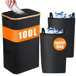 famolay recycling bin for kitchen, recycle bottle bin with lid indoor home, large 100l recycling bin with 2 removable reusable inner bag collecting glass paper plastic metal empty bottles