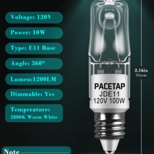 PACETAP 100W JDE11 120V Halogen Light Bulbs, 1200lm 2800K Warm White Dimmable Bulbs with E11 Mini Candelabra Base for Chandeliers, Ceiling Fan, Table Lamps, Cabinet Lighting (4)