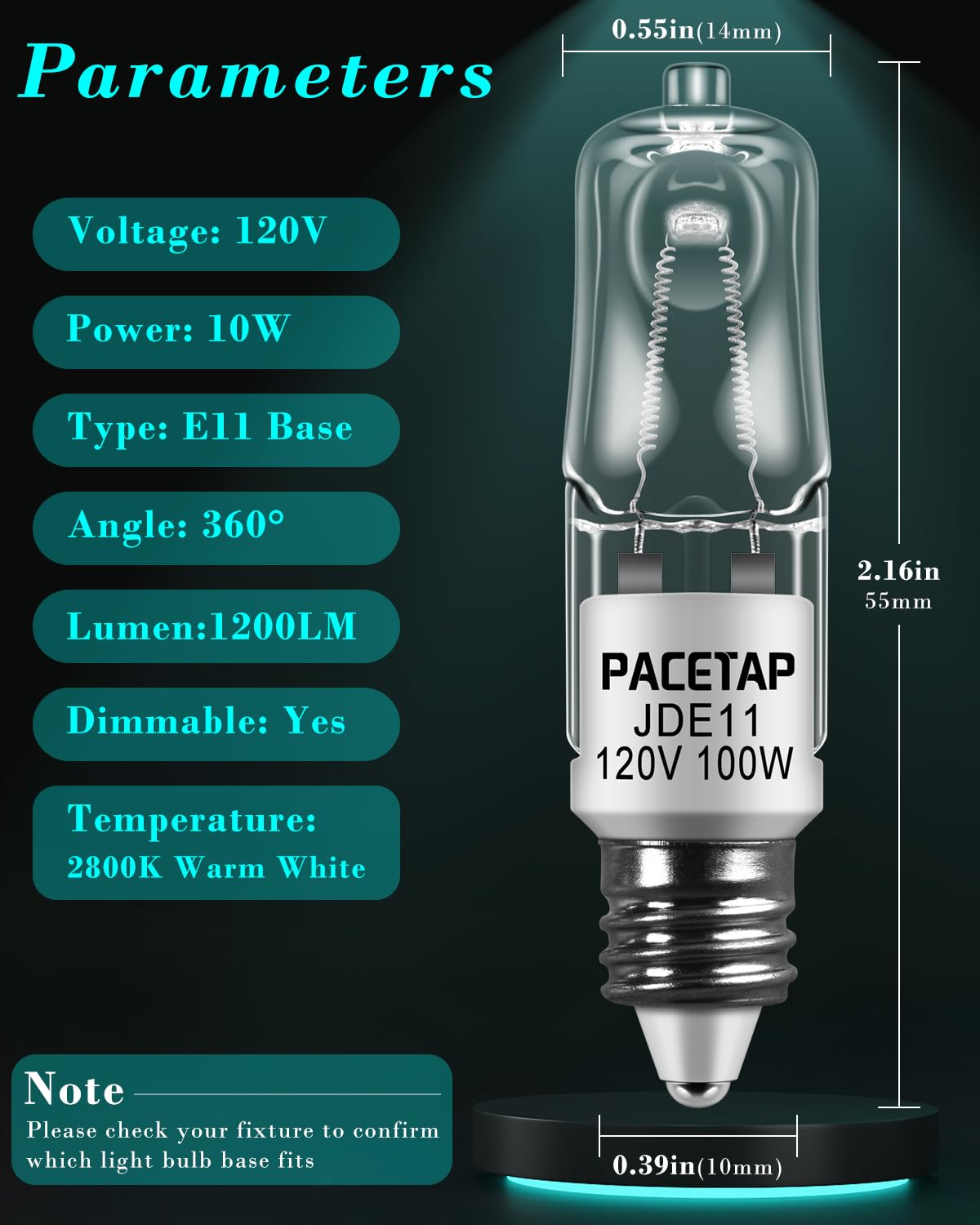 PACETAP 100W JDE11 120V Halogen Light Bulbs, 1200lm 2800K Warm White Dimmable Bulbs with E11 Mini Candelabra Base for Chandeliers, Ceiling Fan, Table Lamps, Cabinet Lighting (4)