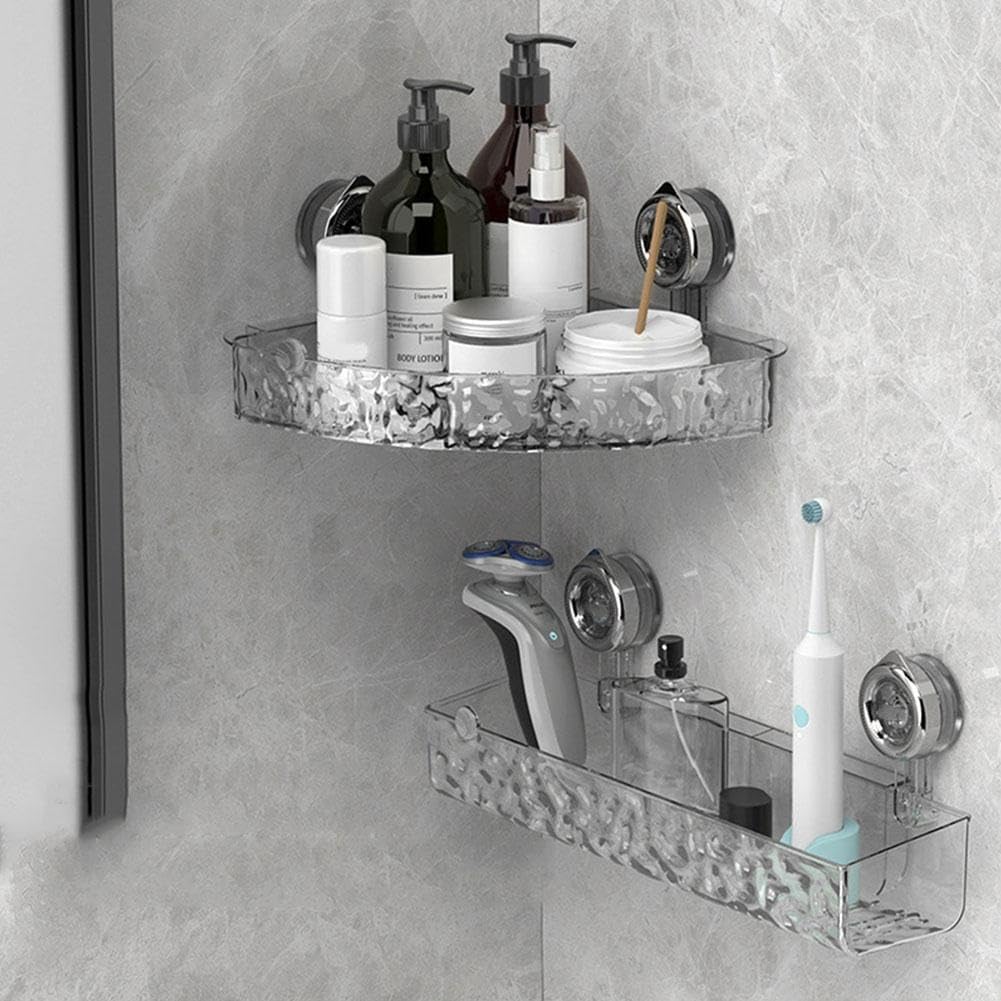 No Drill Clear Wall Caddy Suction Cup Storage Rack, Corner Shower Caddy Bathroom Storage Shelf Wall Mounted, Transparent Shower Storage, Glacier Pattern Suction Cup Shelf, Triangle & Rectangle Storage