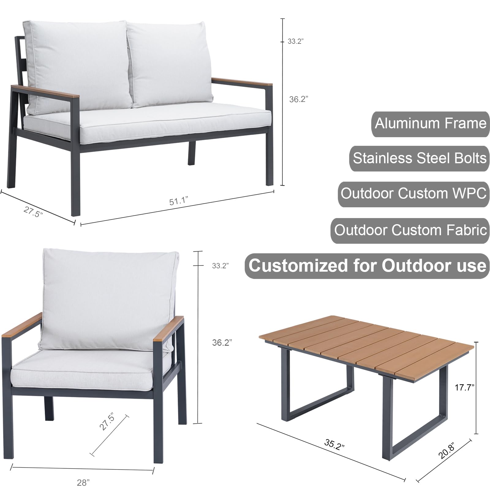 KMX Aluminum Patio Furniture Set, 4-Piece Conversation Sofa Set with High Backrests, Off-White Cushions and a Chic Table - Outdoor Conversation Sofa Set for All-Weather. Easy Install, Rust-Proof