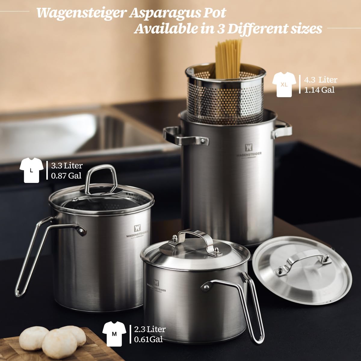 WAGENSTEIGER Premium Stainless Steel Asparagus Steamer Pot or Spaghetti Pasta Stovetop Cooker with Perforated Steamer Basket, Tall & Large Size, Versatile Cookware, 3-Ply Base(4.3Liters/1.14Gals)