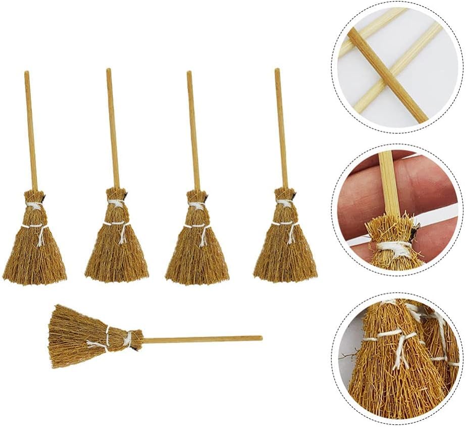 5Pcs Witch Broom Witch Broom Artificial Mini Broom Miniature Broom Props Mini Straw Broom Fairy Micro Landscape Decoration Witch Broomstick Cinnamon Broom Sweeping