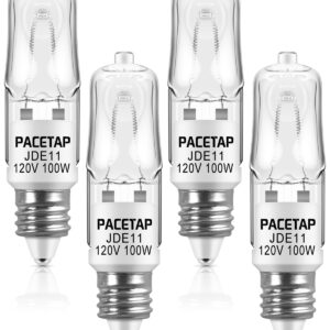 PACETAP 100W JDE11 120V Halogen Light Bulbs, 1200lm 2800K Warm White Dimmable Bulbs with E11 Mini Candelabra Base for Chandeliers, Ceiling Fan, Table Lamps, Cabinet Lighting (4)