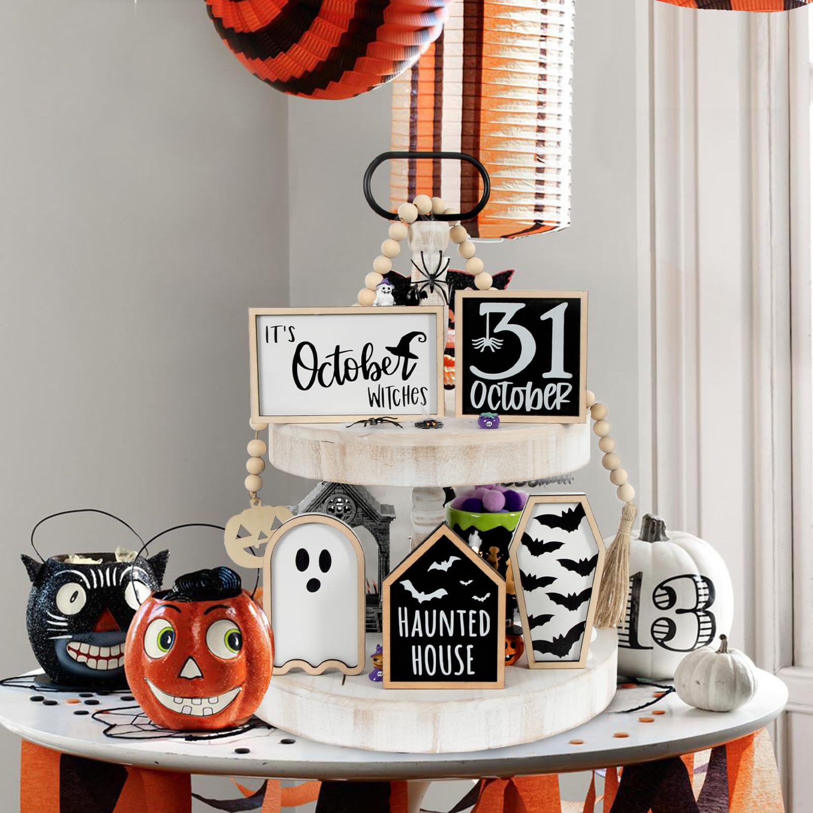 DAZONGE Halloween Decorations | 6PCS Halloween Tiered Tray Decor | Bat Coffin, Haunted House, Ghost, Witches, October 31 Sign, Bead Garland | Halloween Decor | Halloween Centerpiece for Table Shelf