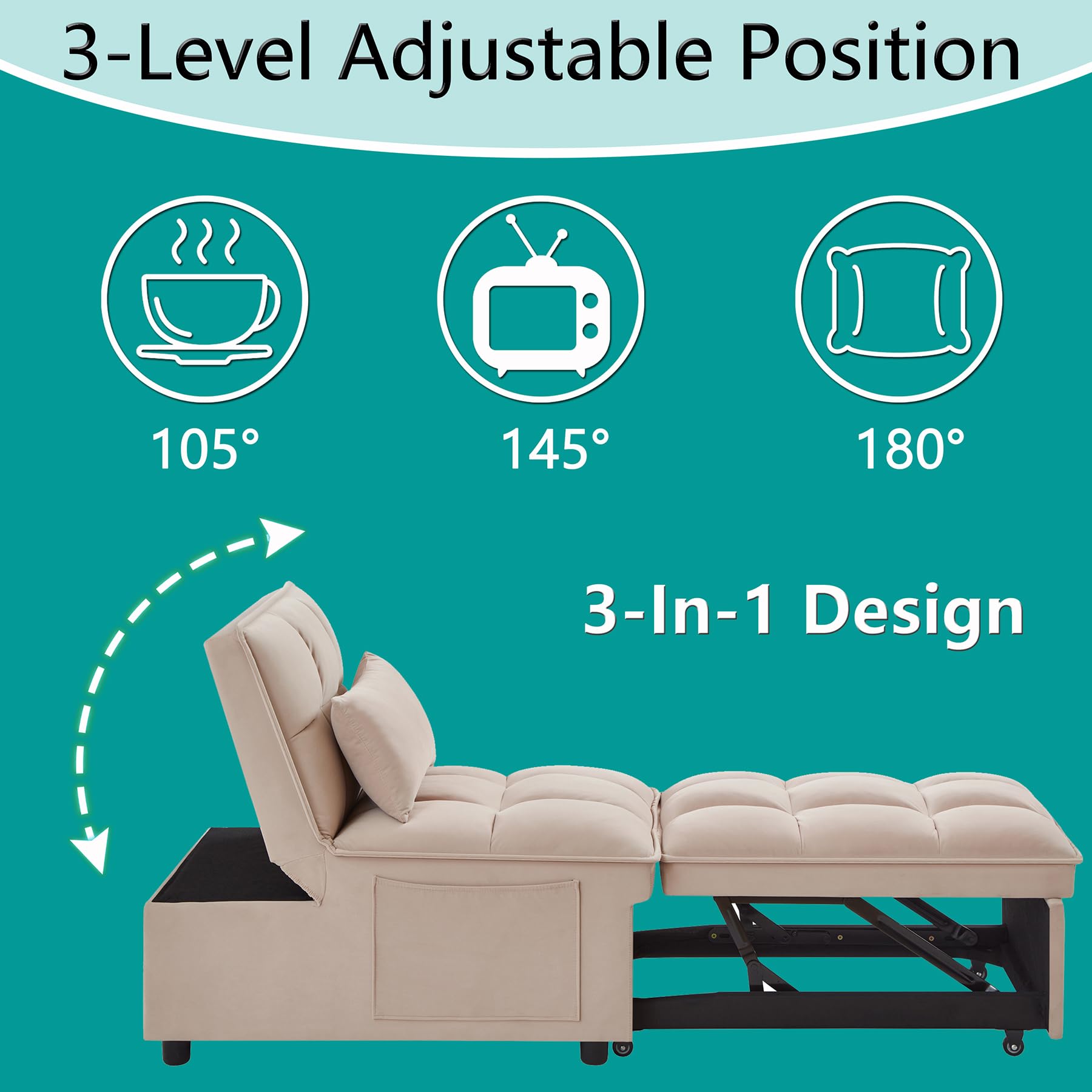 MWrouqfur 4 in 1 Sleeper Chair with Pullout Bed, Convertible Lazy Sleeper Sofa Chair with Storage Pockets & Adjustable Backrest, Comfortable Folding Ottoman Bed Sleeper for Living Room (Taupe)