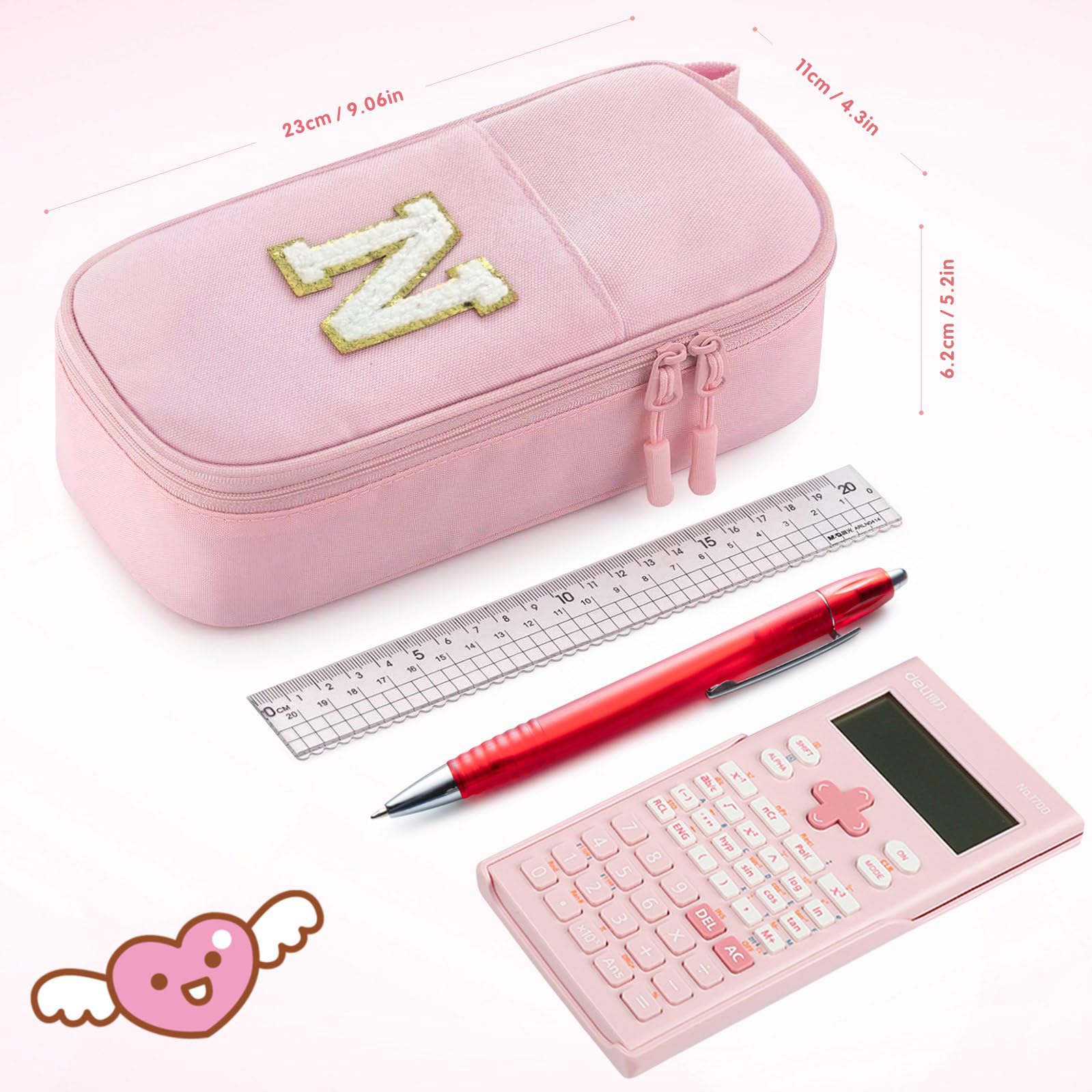 Idefair Cute Pencil Case, Preppy Pencil Pouch Aesthetic Pen Case with Finger Loop, Large Capacity Pencil Bag with Double Zipper School Supplies for Girls (Pink, Letter A)