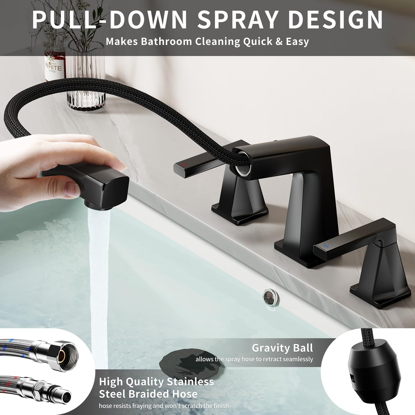 KAIYING 8 Inch Widespread Bathroom Faucet, 3 Piece Pull Down Bathroom Faucet, Bathroom Faucet 3 Hole with Pull Out Sprayer, Two Handle Vanity Faucet with Overflow Pop Up Drain (Matte Black)