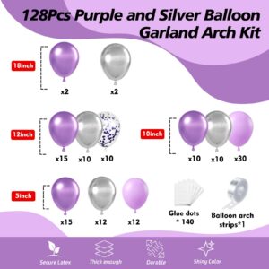 HKYOOD 128Pcs Purple Balloons Garland Arch Kit - 18 12 10 5 inch Pastel Purple Metallic Purple Metallic Silver Latex Balloon for Birthday Baby Shower Bridal Shower Wedding Princess Party Decorations