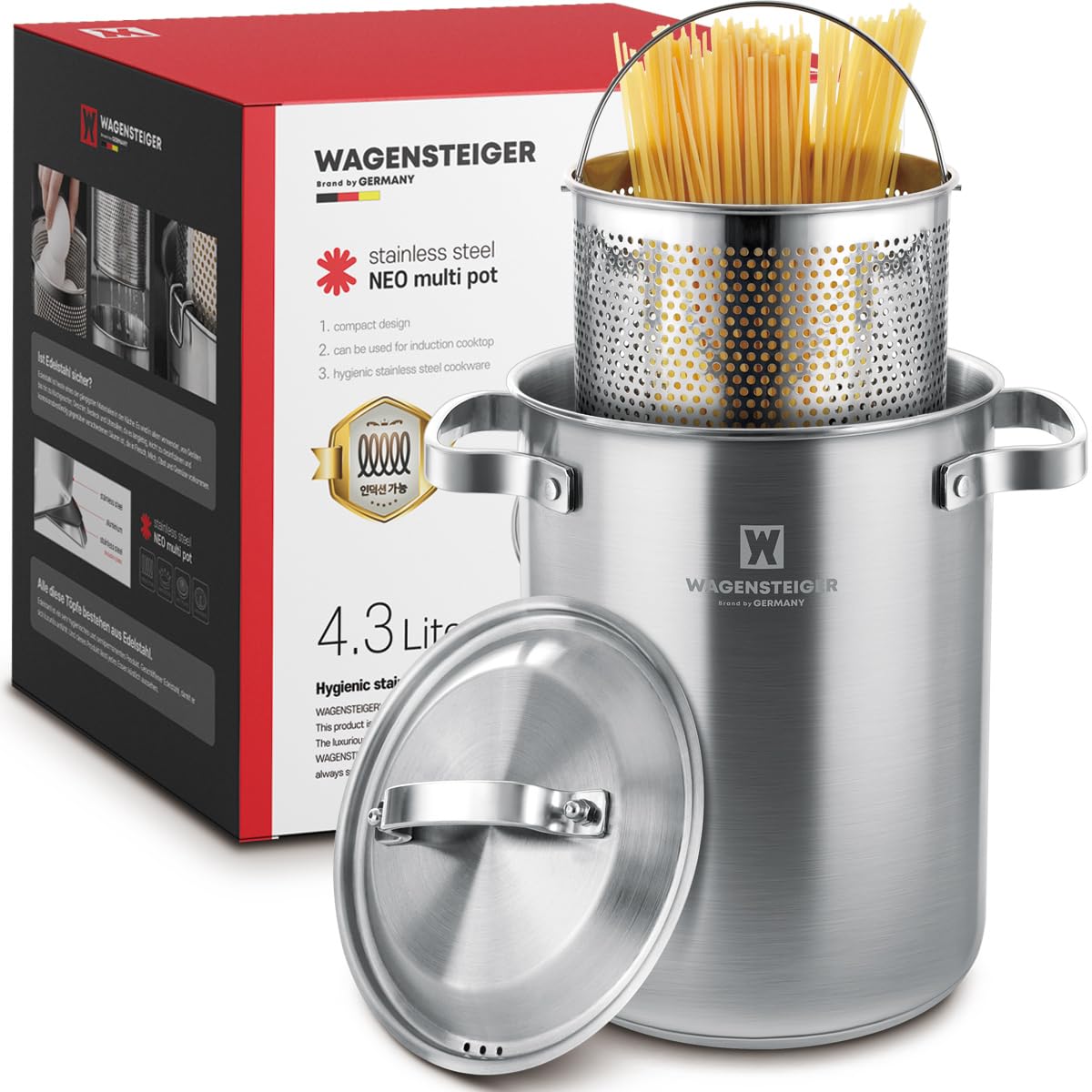 WAGENSTEIGER Premium Stainless Steel Asparagus Steamer Pot or Spaghetti Pasta Stovetop Cooker with Perforated Steamer Basket, Tall & Large Size, Versatile Cookware, 3-Ply Base(4.3Liters/1.14Gals)