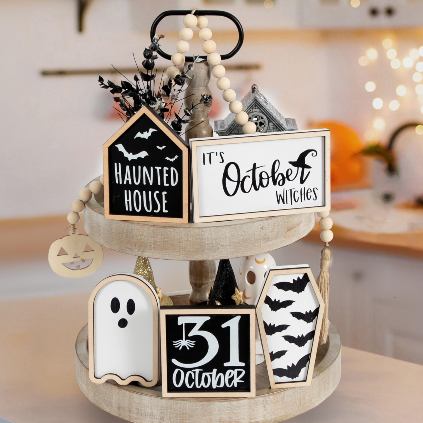 DAZONGE Halloween Decorations | 6PCS Halloween Tiered Tray Decor | Bat Coffin, Haunted House, Ghost, Witches, October 31 Sign, Bead Garland | Halloween Decor | Halloween Centerpiece for Table Shelf