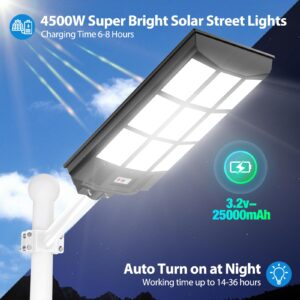 4500W Street Lights Solar Powered, 4500000LM Solar Street Lights for Outside, 2700K/4200K/6500K Dimmable Solar Street Lights Outdoor Waterproof IP66 Dusk to Dawn for Parking Lot, Pole, Garden, Yard