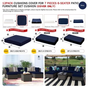 ClawsCover 12 Pack Outdoor Patio Seat and Back Cushions Replacement Covers Fit for 7Pieces 6-Seater Wicker Rattan Furniture Conversation Set Sectional Couch Chair,Navy-Include Cover Only