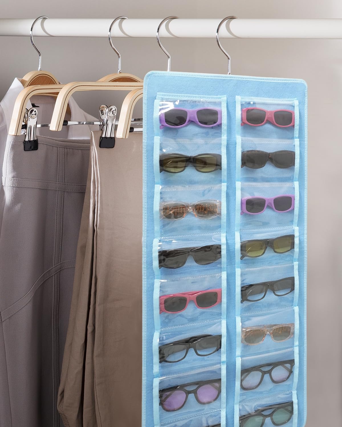 Khikily Hanging Jewelry Organizer, Dust Proof Eyeglasses Holder with 32 Clear Slots, Sunglasses Organizer Storage Wall Mounted, Sunglasses Display With 360-Degree Rotating Hook (Blue)