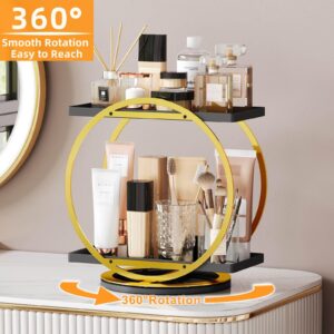 Perfume Organizer for Dresser, 360 Rotating Makeup Organizer for Vanity, 2 Tier Large Capacity Bathroom Counter Organizer Cosmetic Skincare Storage Countertop Holder for Bedroom Kitchen(Black Gold)