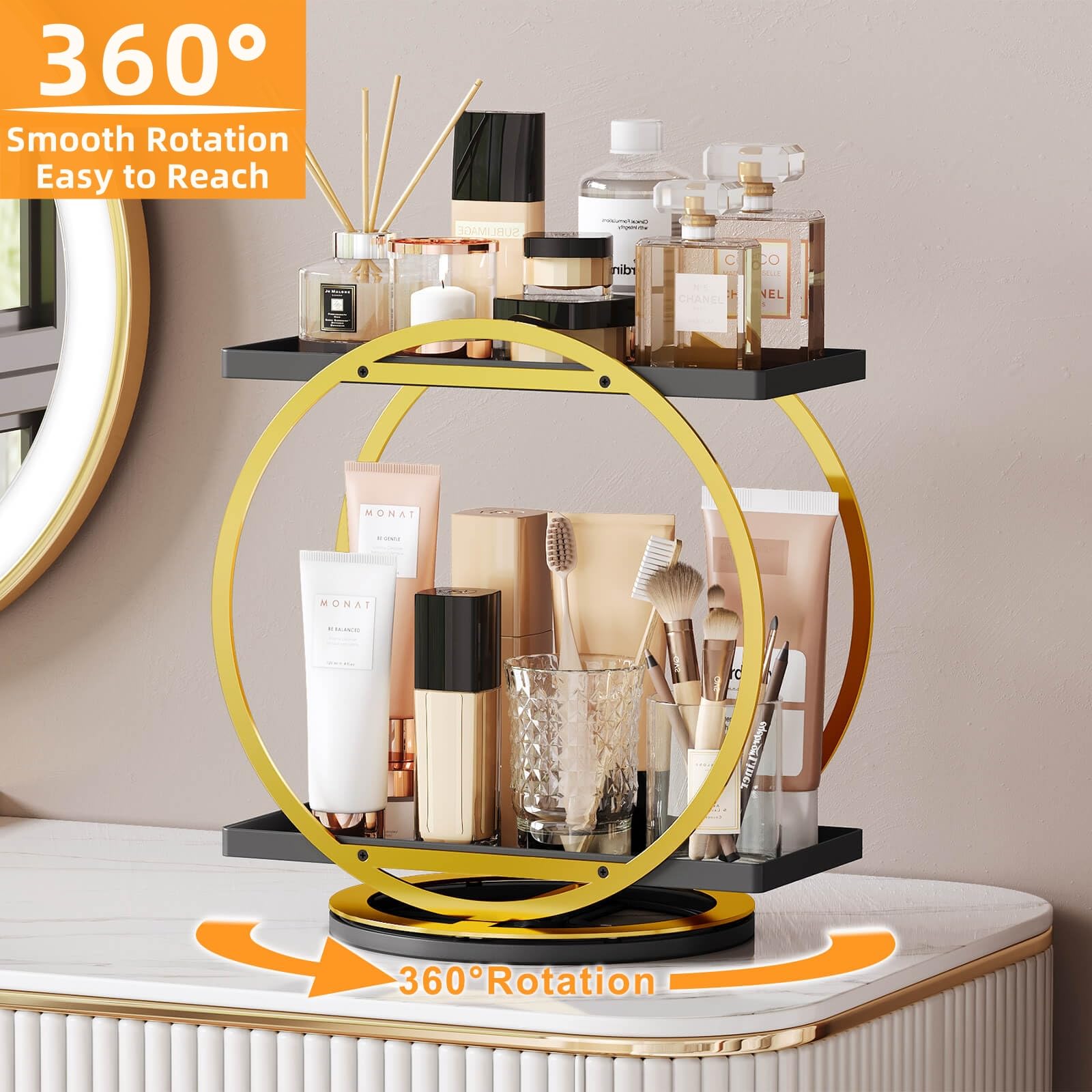 Perfume Organizer for Dresser, 360 Rotating Makeup Organizer for Vanity, 2 Tier Large Capacity Bathroom Counter Organizer Cosmetic Skincare Storage Countertop Holder for Bedroom Kitchen(Black Gold)