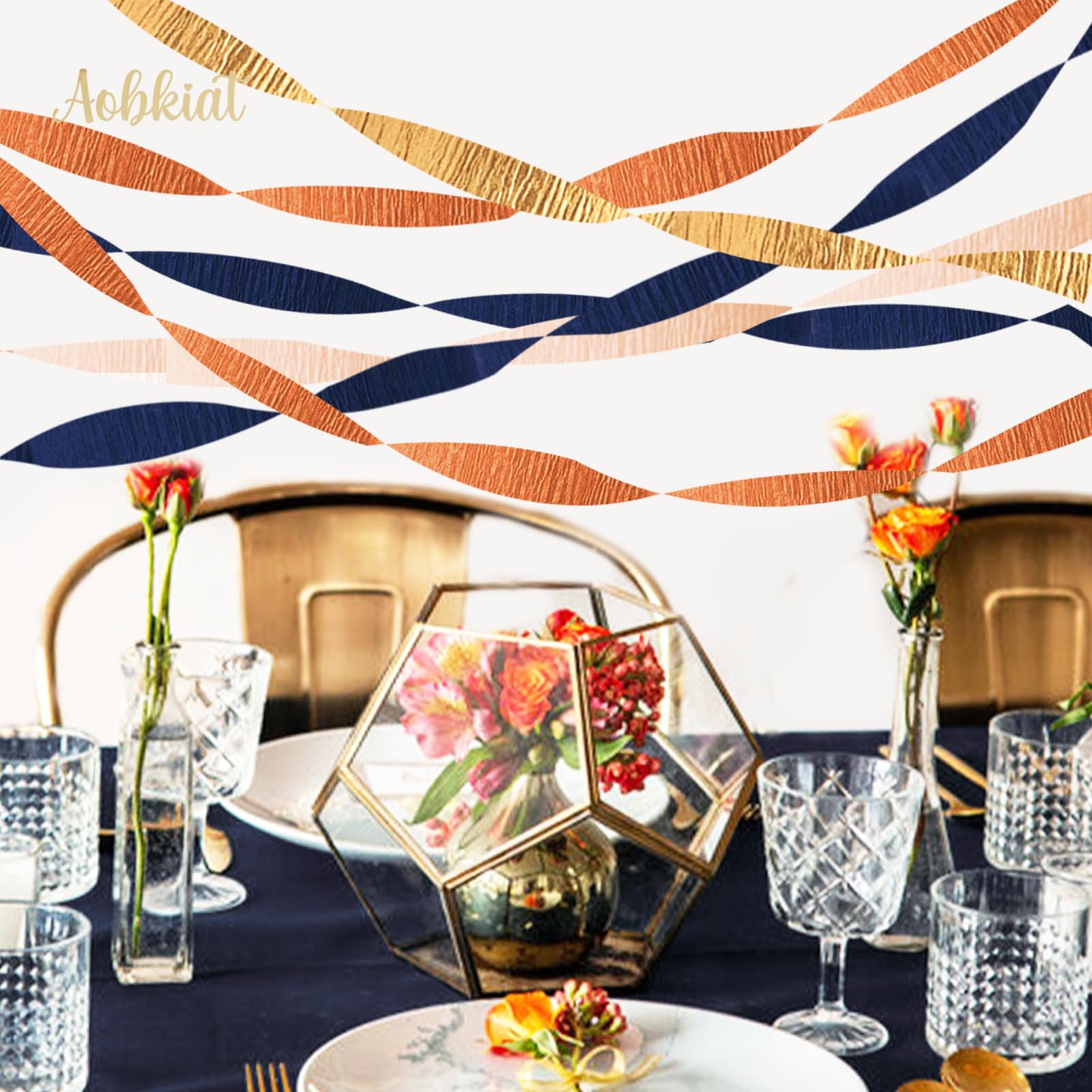 AOBKIAT Fall Boho Wedding Party Decoration,8 Rolls Navy Blue and Orange Crepe Paper Party Streamers for Thanksgiving Day,Halloween,Winter Birthday Baby Shower Party Backdrop