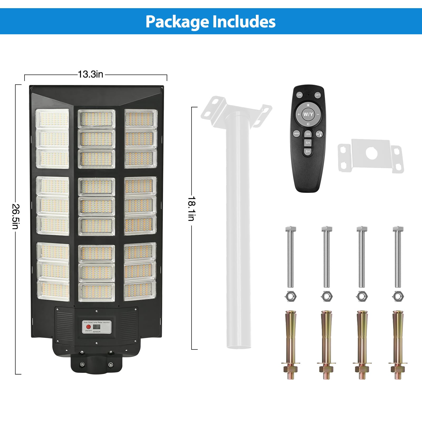 4500W Street Lights Solar Powered, 4500000LM Solar Street Lights for Outside, 2700K/4200K/6500K Dimmable Solar Street Lights Outdoor Waterproof IP66 Dusk to Dawn for Parking Lot, Pole, Garden, Yard